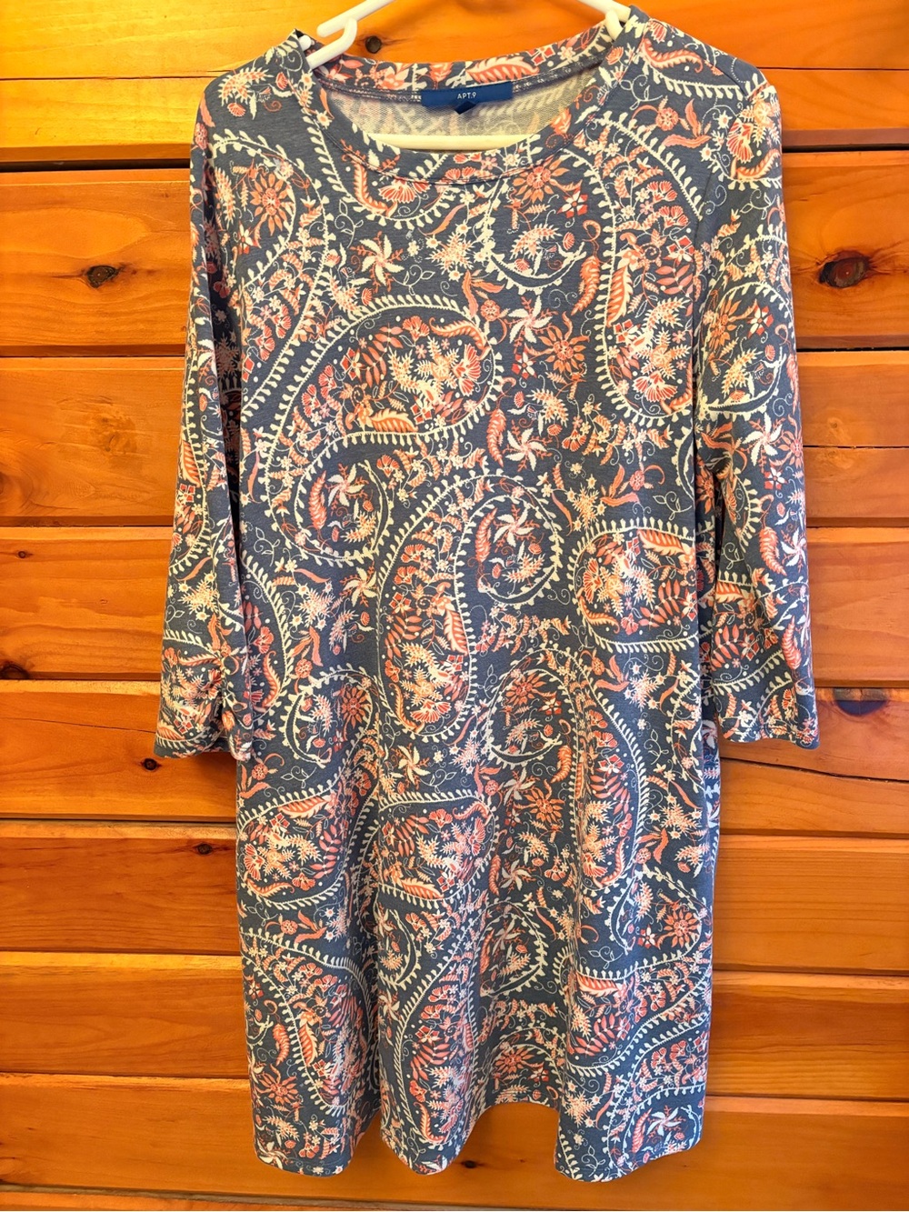 Apt. 9 Blue Paisley Long Sleeve Shift Dress with Coral and Cream Accents